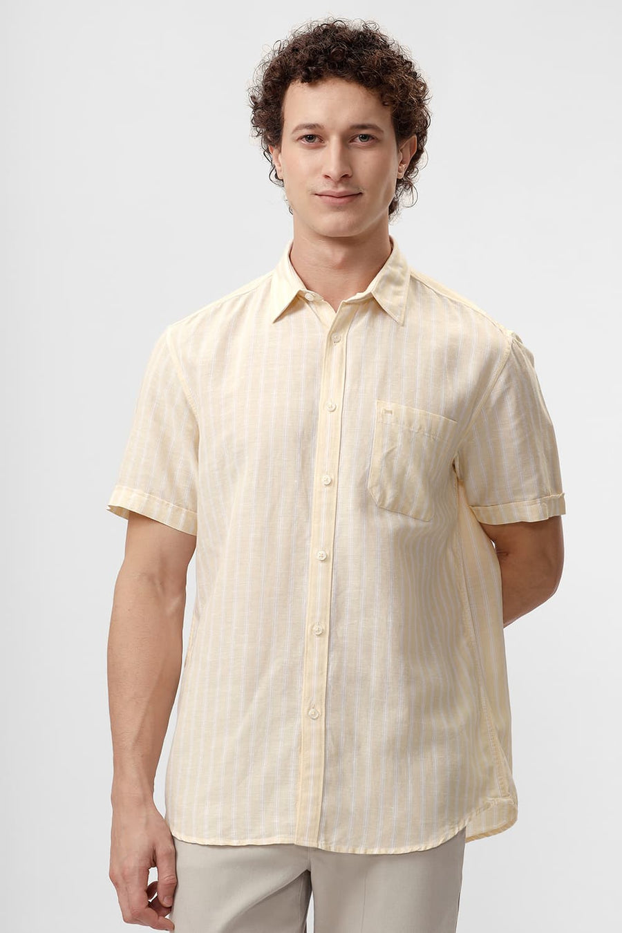 BASICS SLIM FIT CREAM YELLOW COTTON LINEN STRIPE HALFSLEEVES SHIRT