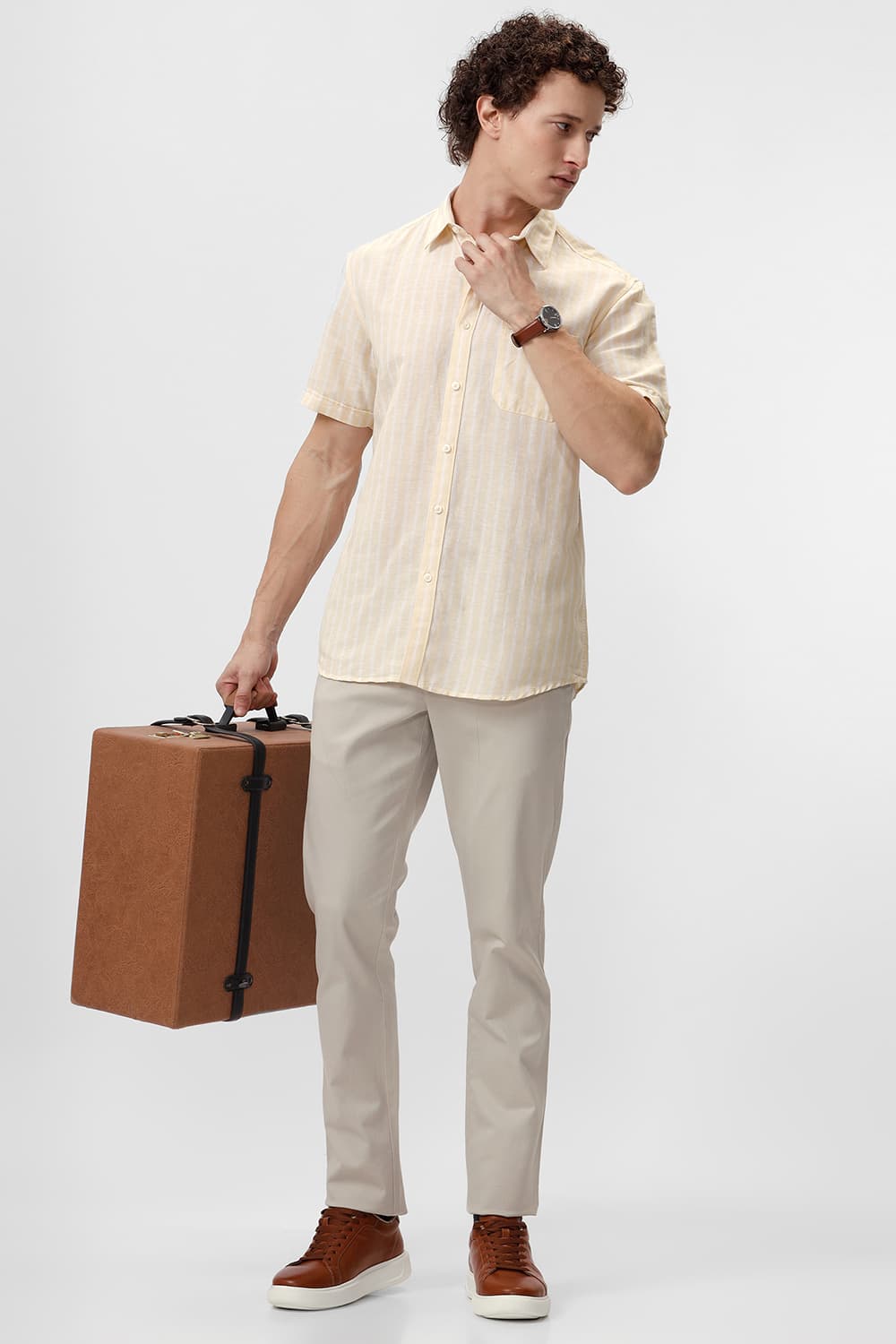 SLIM FIT COTTON LINEN STRIPE HALFSLEEVES SHIRT