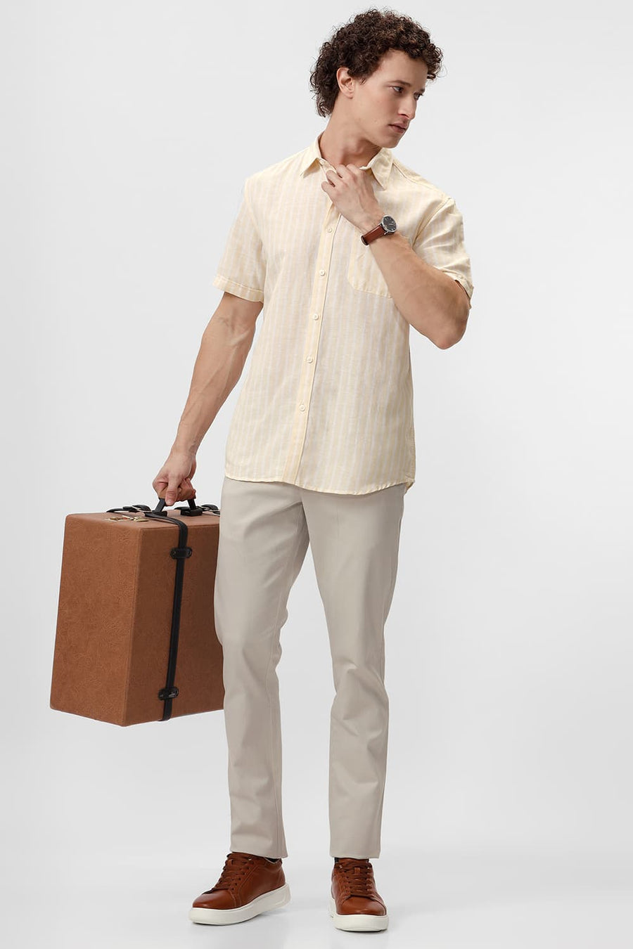BASICS SLIM FIT CREAM YELLOW COTTON LINEN STRIPE SHIRT