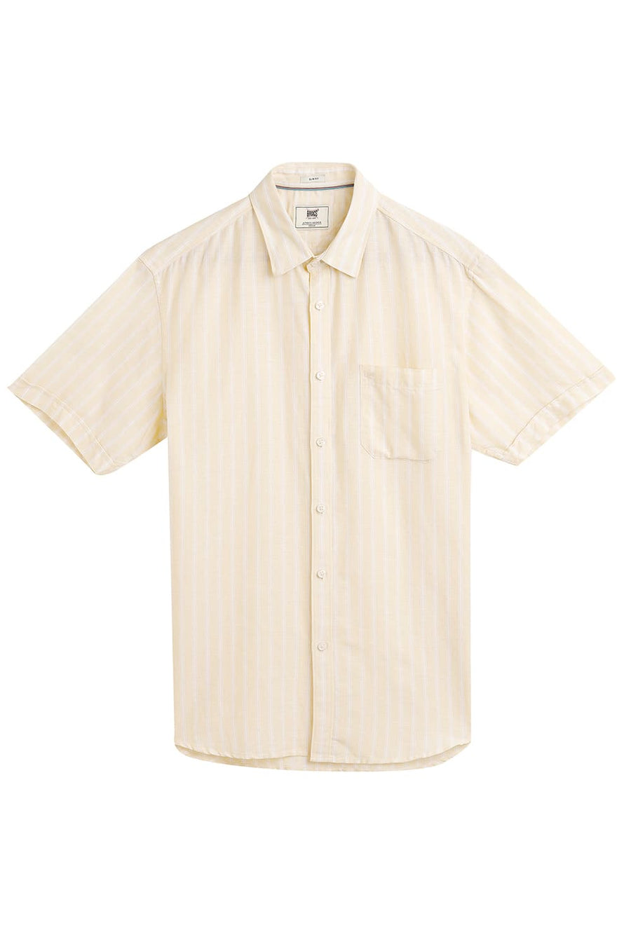 BASICS SLIM FIT CREAM YELLOW COTTON LINEN STRIPE HALFSLEEVES SHIRT