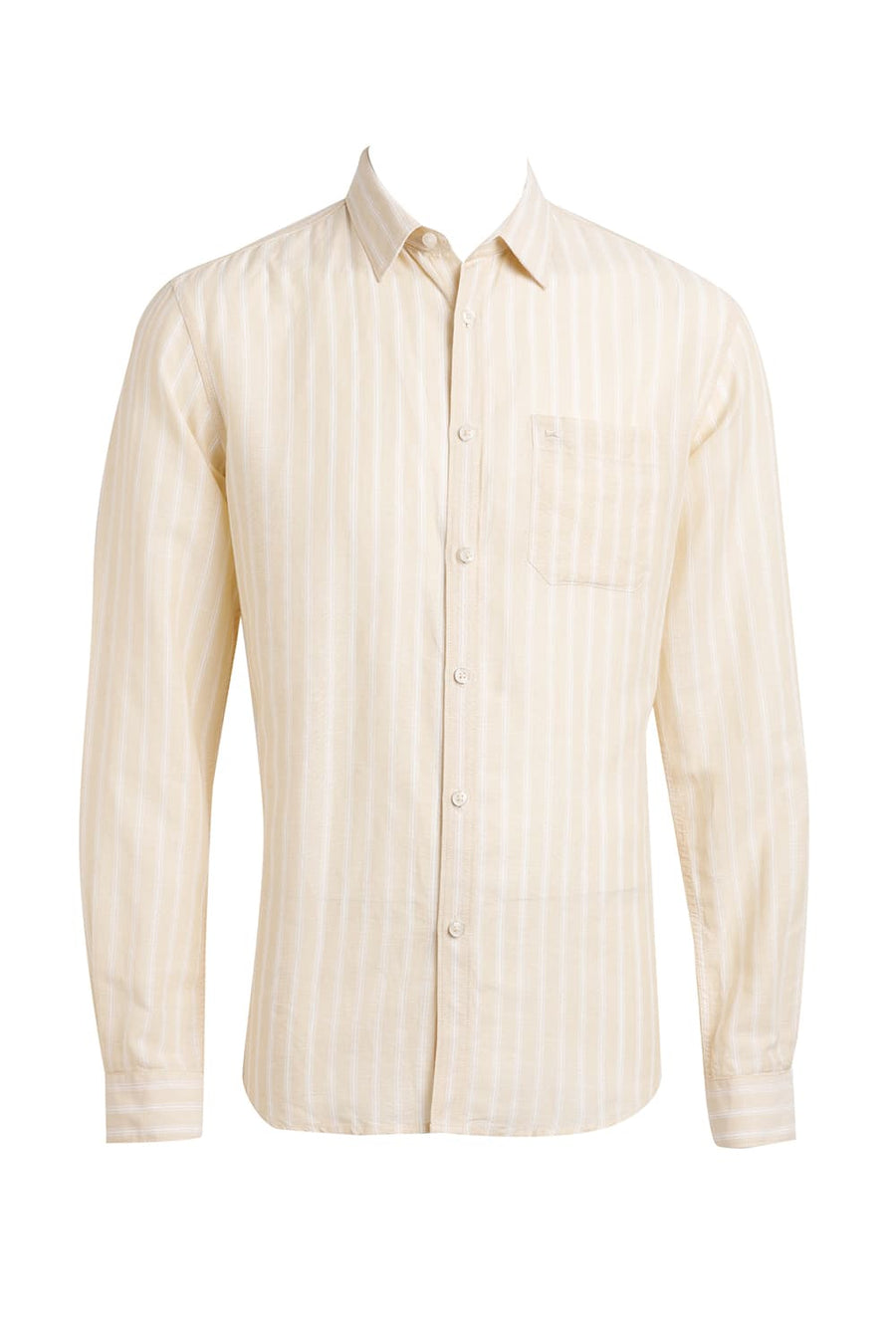BASICS SLIM FIT CREAM YELLOW COTTON LINEN STRIPE SHIRT