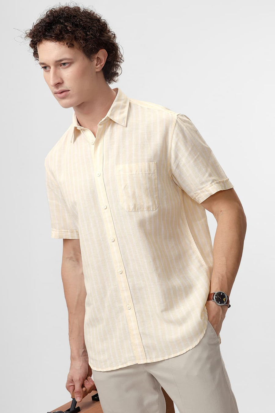 BASICS SLIM FIT CREAM YELLOW COTTON LINEN STRIPE HALFSLEEVES SHIRT