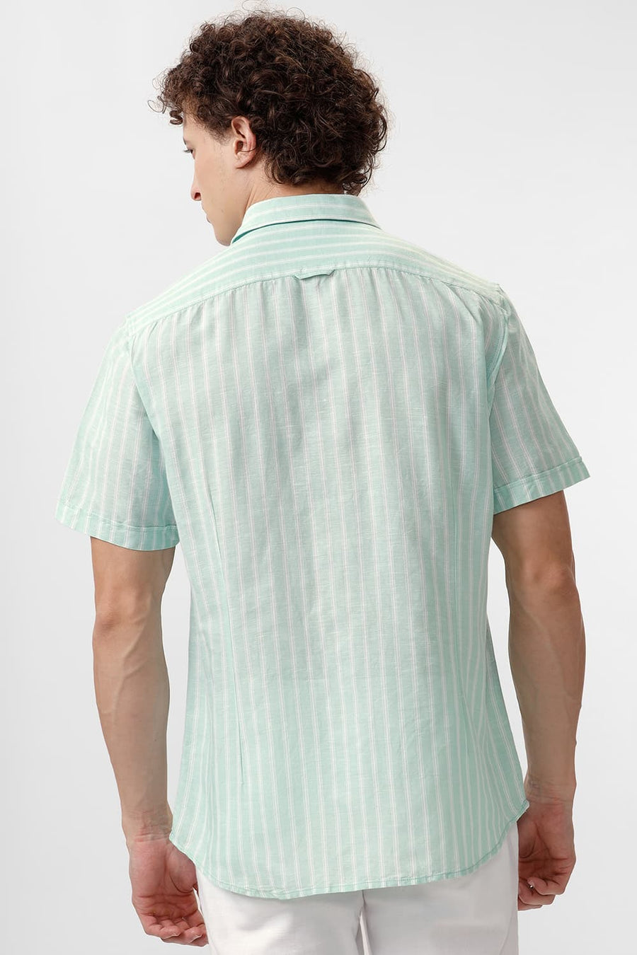 BASICS SLIM FIT GOSSAMER GREEN COTTON LINEN STRIPE HALFSLEEVES SHIRT
