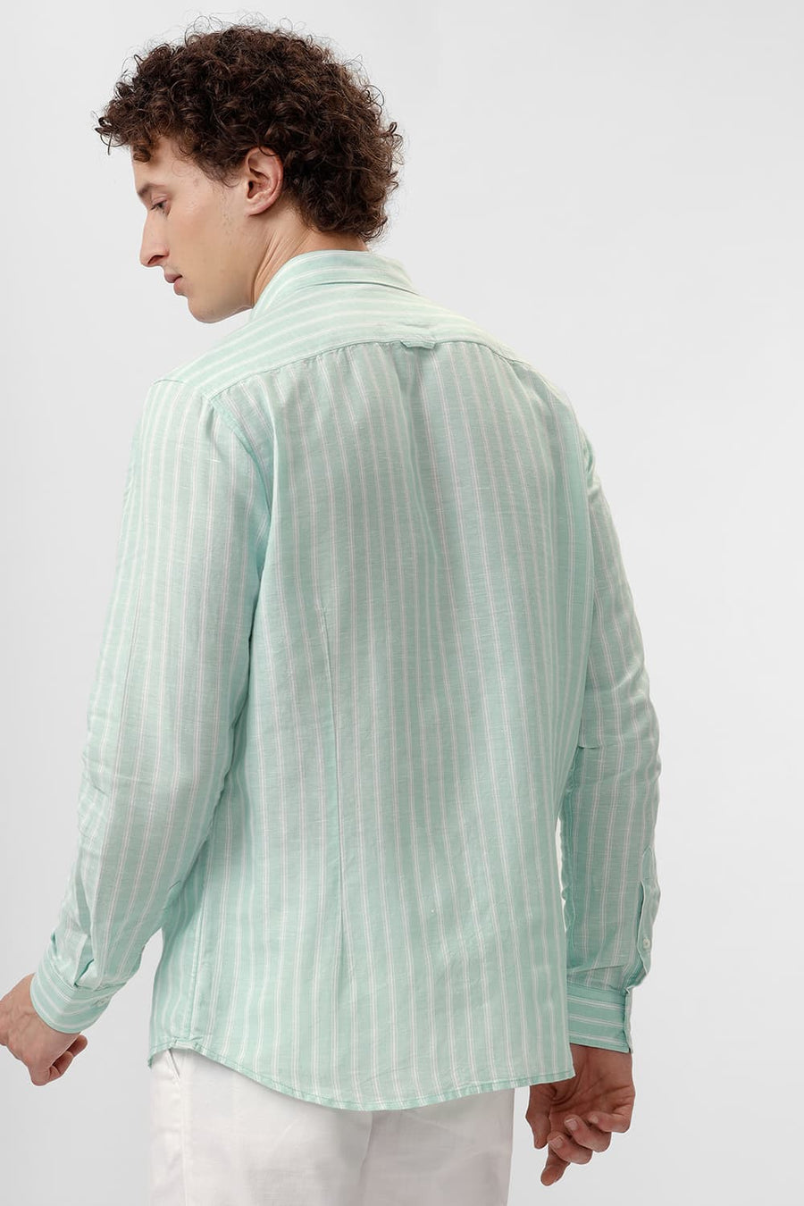BASICS SLIM FIT GOSSAMER GREEN COTTON LINEN STRIPE SHIRT
