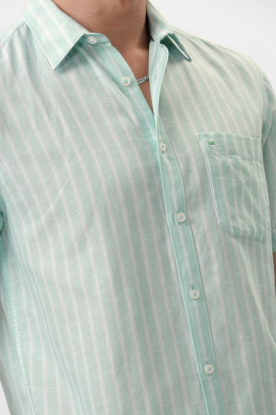 BASICS SLIM FIT GOSSAMER GREEN COTTON LINEN STRIPE HALFSLEEVES SHIRT