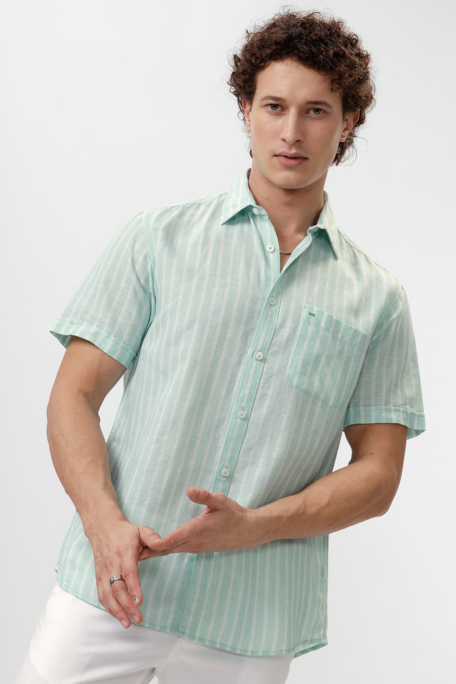 BASICS SLIM FIT GOSSAMER GREEN COTTON LINEN STRIPE HALFSLEEVES SHIRT