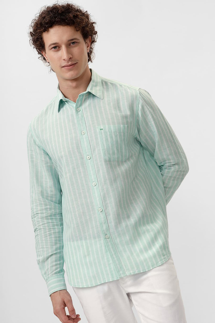 BASICS SLIM FIT GOSSAMER GREEN COTTON LINEN STRIPE SHIRT