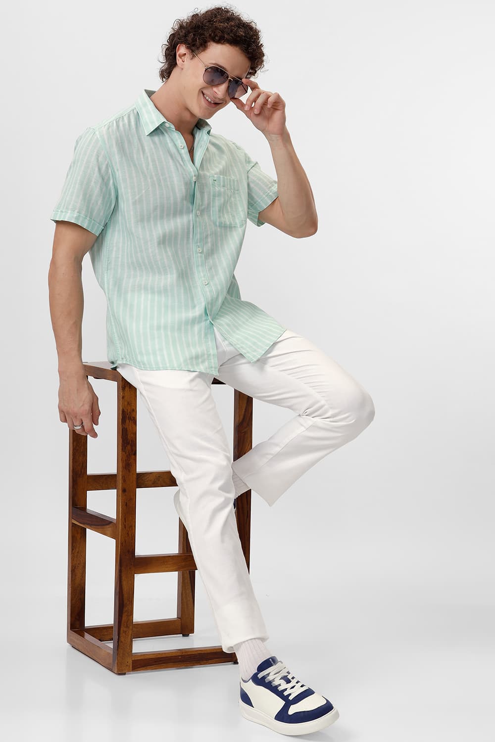 SLIM FIT COTTON LINEN STRIPE HALFSLEEVES SHIRT