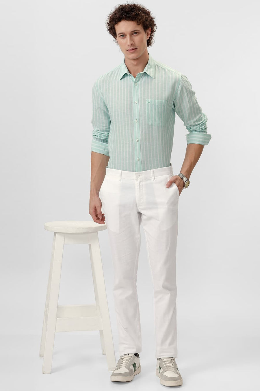 BASICS SLIM FIT GOSSAMER GREEN COTTON LINEN STRIPE SHIRT