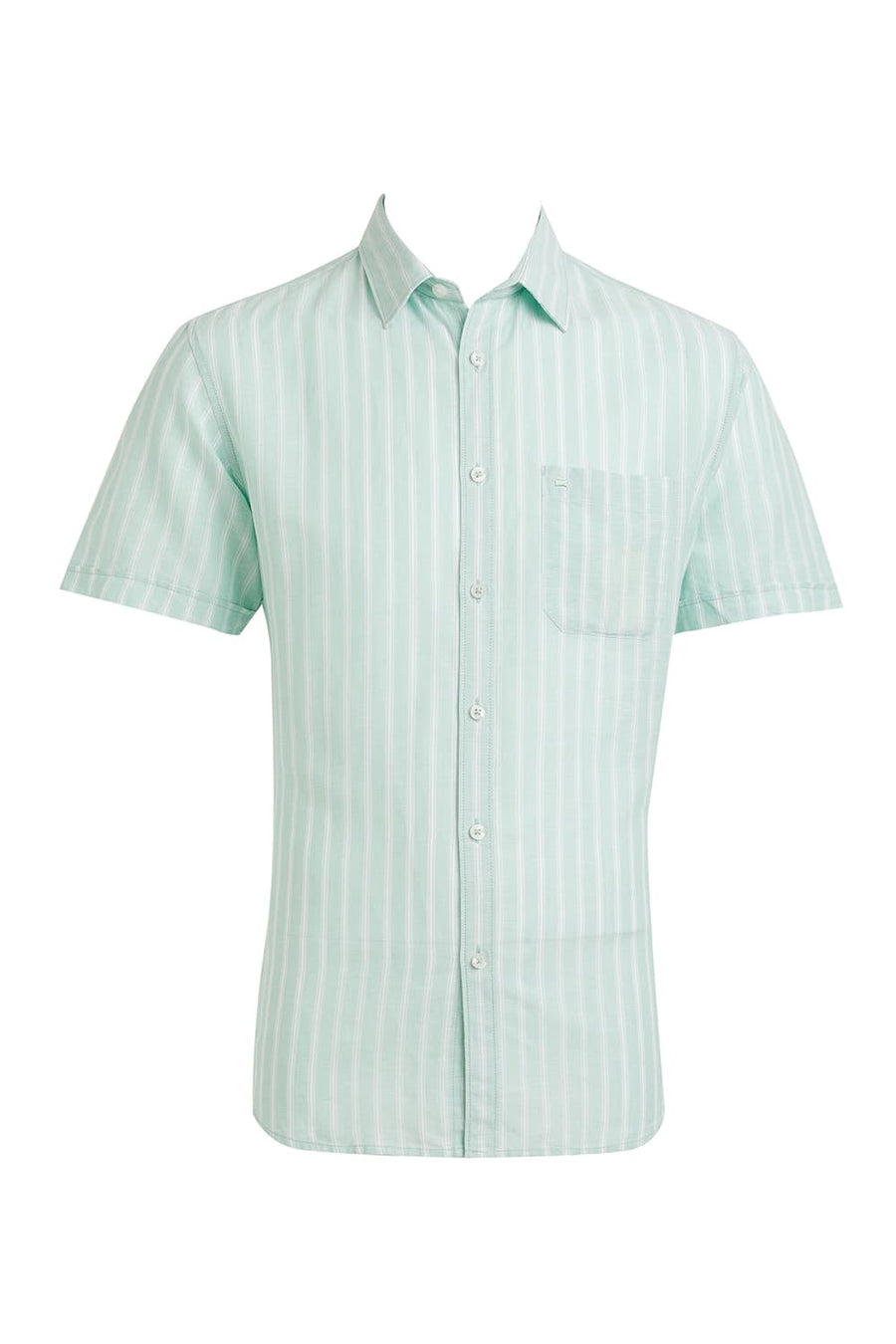 BASICS SLIM FIT GOSSAMER GREEN COTTON LINEN STRIPE HALFSLEEVES SHIRT