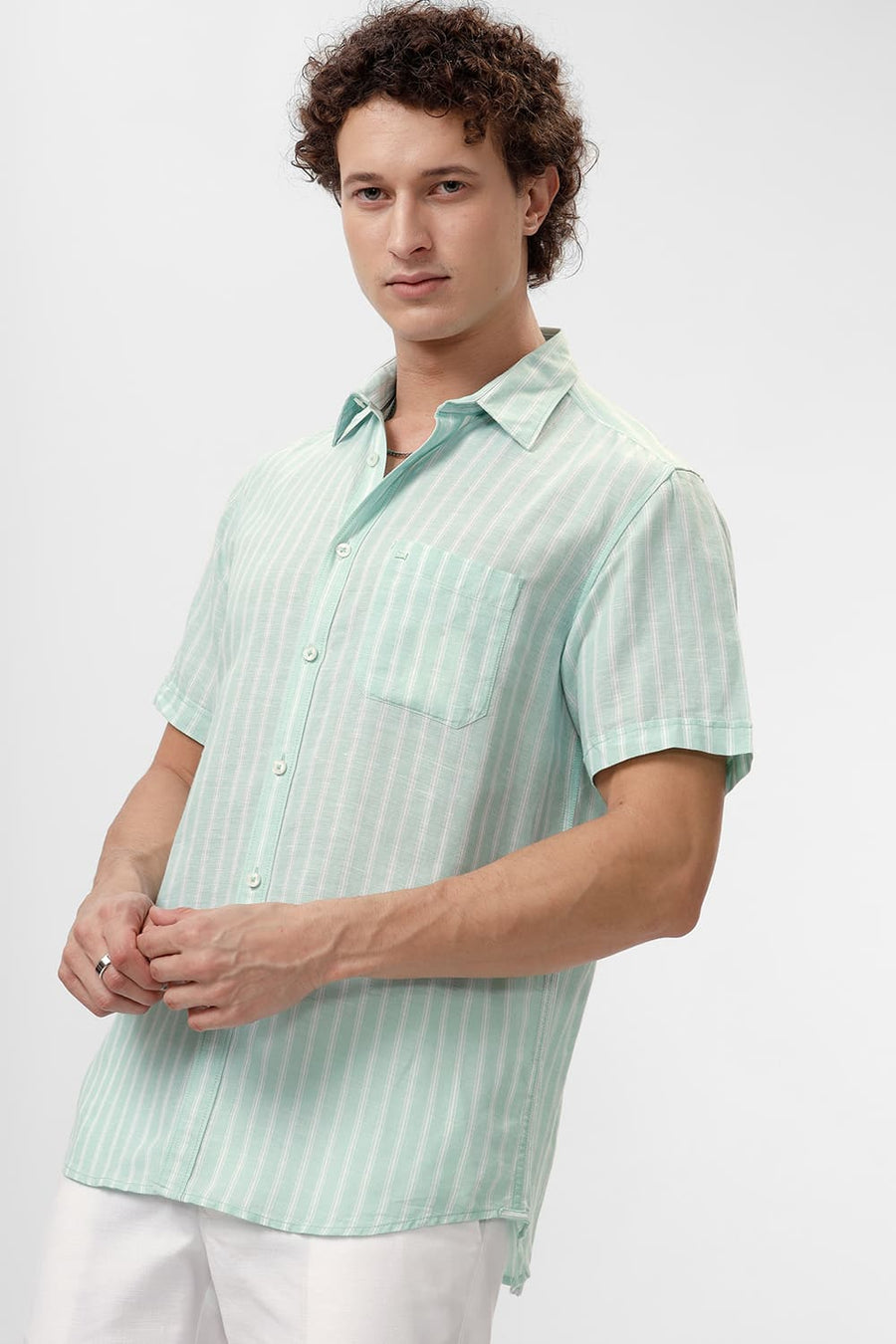 BASICS SLIM FIT GOSSAMER GREEN COTTON LINEN STRIPE HALFSLEEVES SHIRT