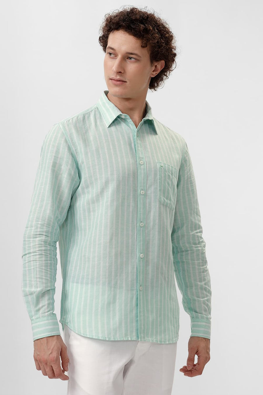 BASICS SLIM FIT GOSSAMER GREEN COTTON LINEN STRIPE SHIRT