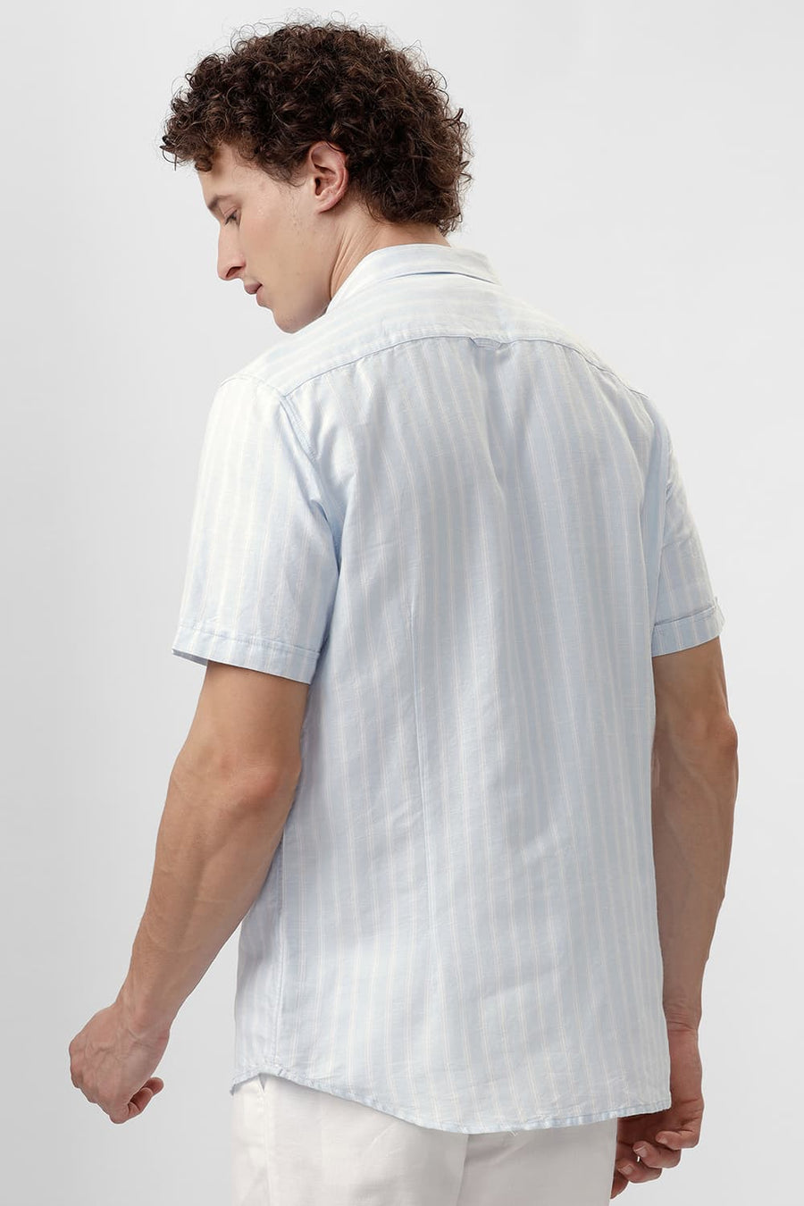 BASICS SLIM FIT BALLAD BLUE COTTON LINEN STRIPE HALFSLEEVES SHIRT