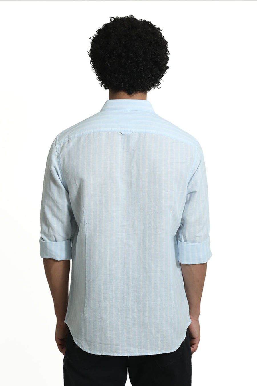 BASICS SLIM FIT BALLAD BLUE COTTON LINEN STRIPE SHIRT