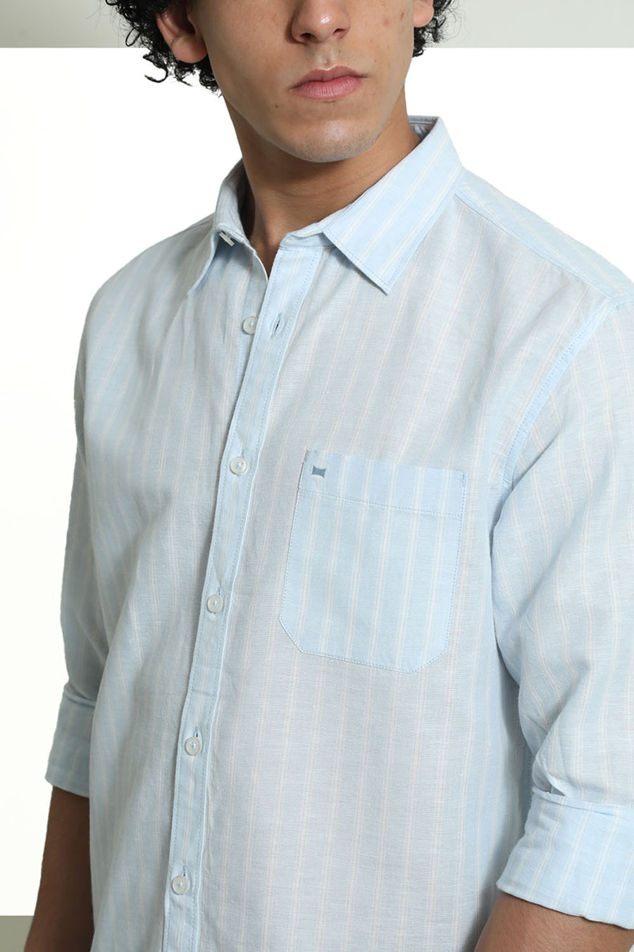 BASICS SLIM FIT BALLAD BLUE COTTON LINEN STRIPE SHIRT