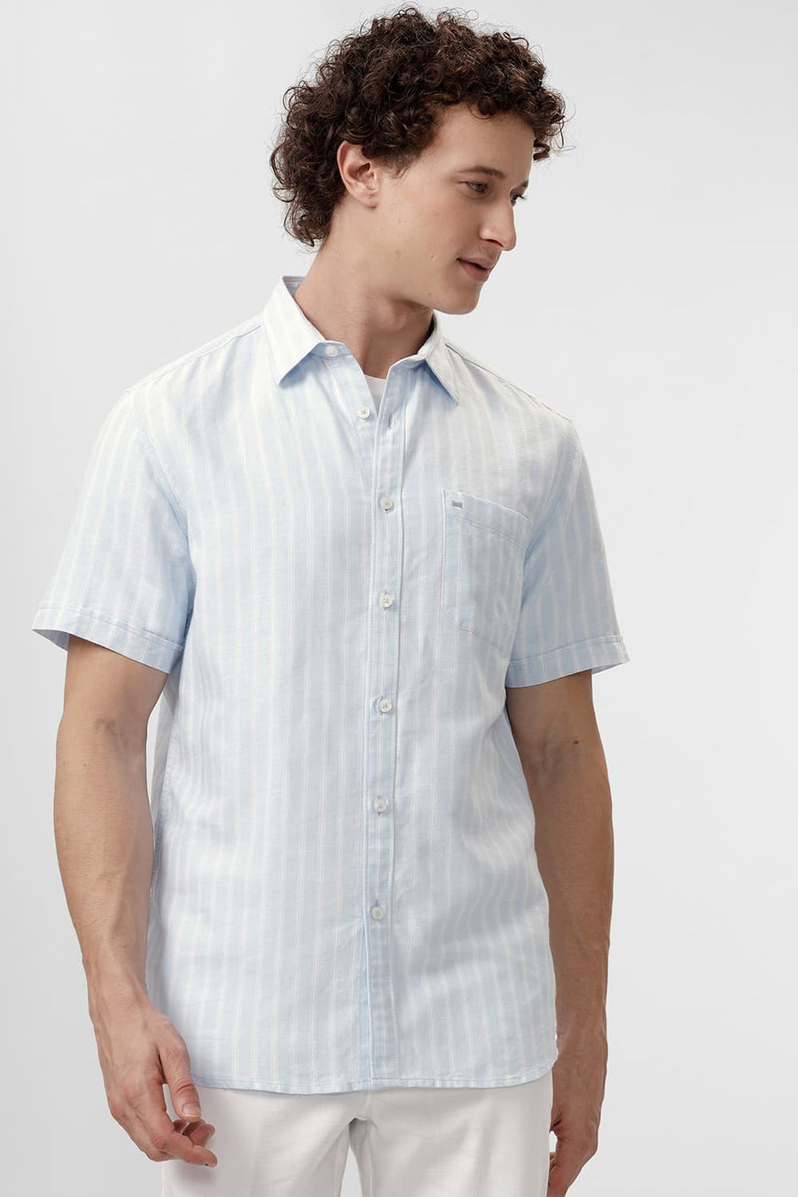 BASICS SLIM FIT BALLAD BLUE COTTON LINEN STRIPE HALFSLEEVES SHIRT