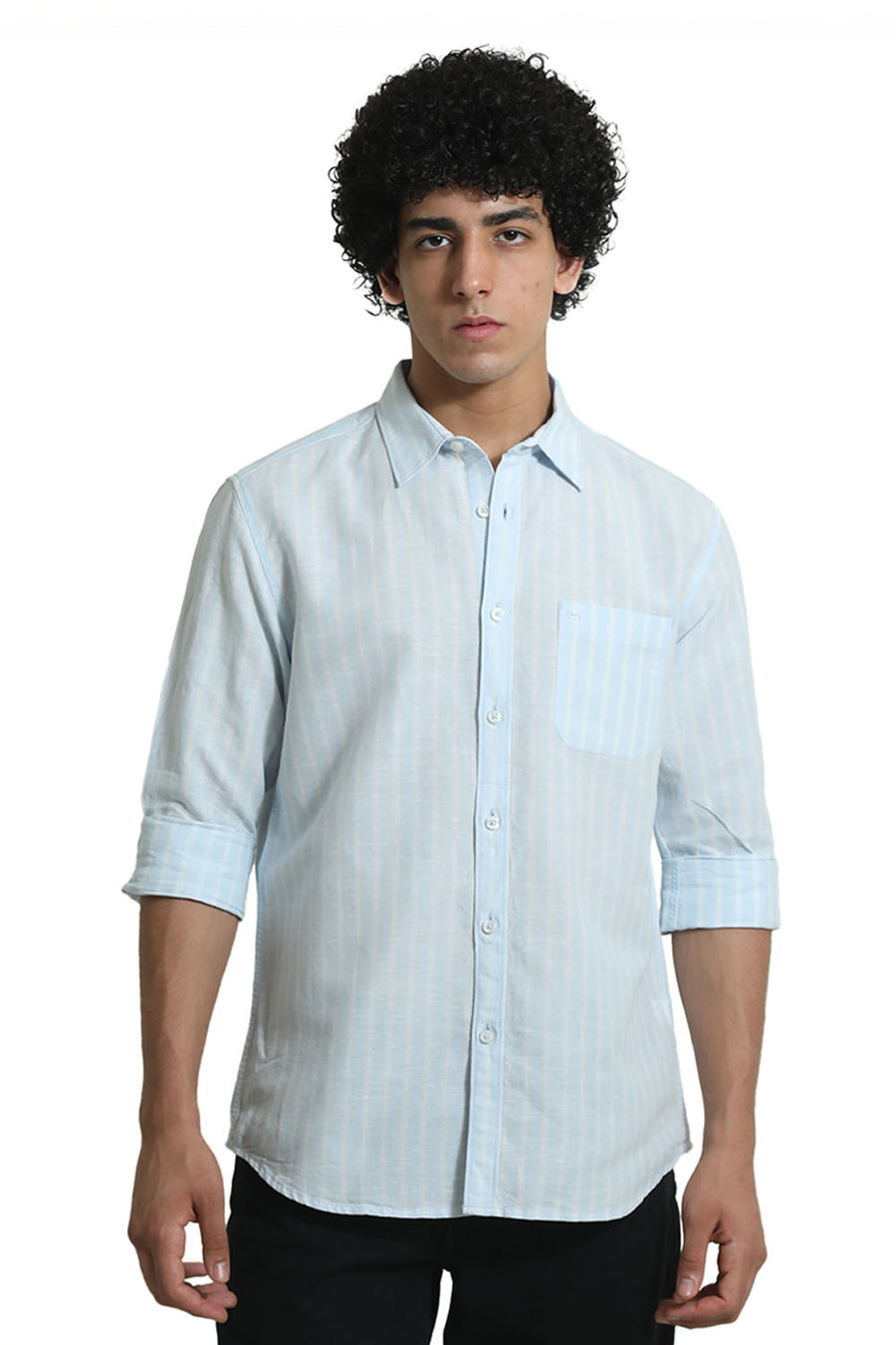 BASICS SLIM FIT BALLAD BLUE COTTON LINEN STRIPE SHIRT