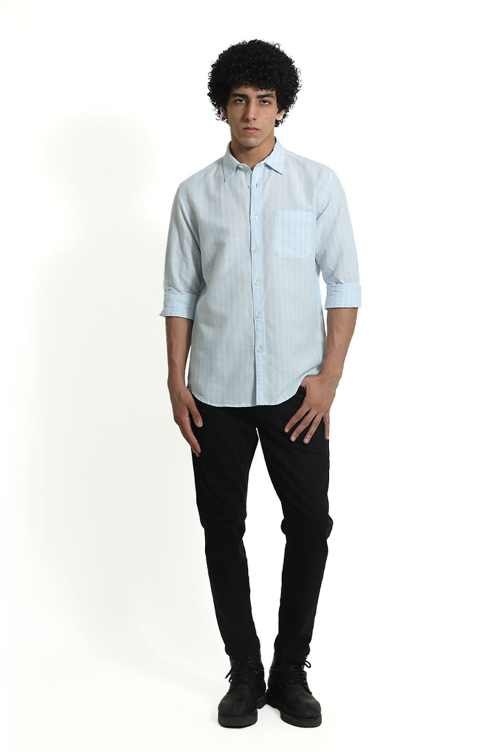 SLIM FIT COTTON LINEN STRIPE SHIRT