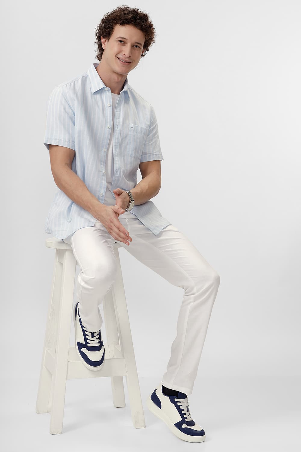 SLIM FIT COTTON LINEN STRIPE HALFSLEEVES SHIRT
