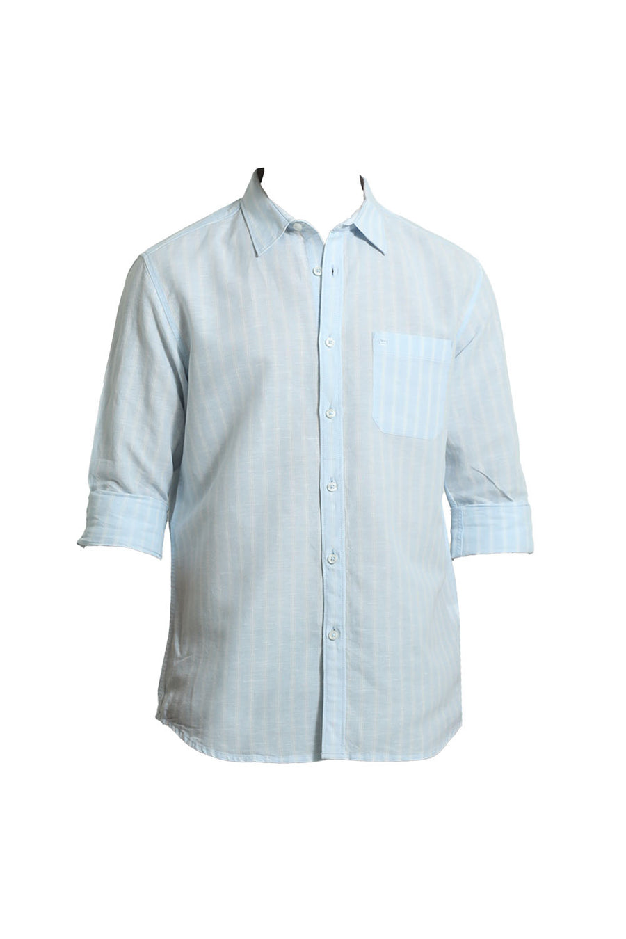 BASICS SLIM FIT BALLAD BLUE COTTON LINEN STRIPE SHIRT