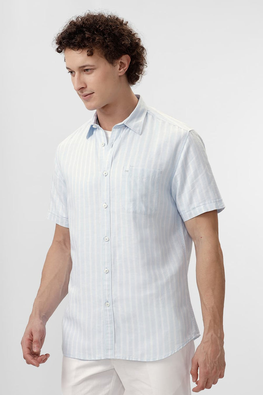 BASICS SLIM FIT BALLAD BLUE COTTON LINEN STRIPE HALFSLEEVES SHIRT