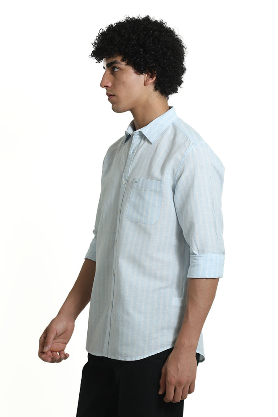 BASICS SLIM FIT BALLAD BLUE COTTON LINEN STRIPE SHIRT