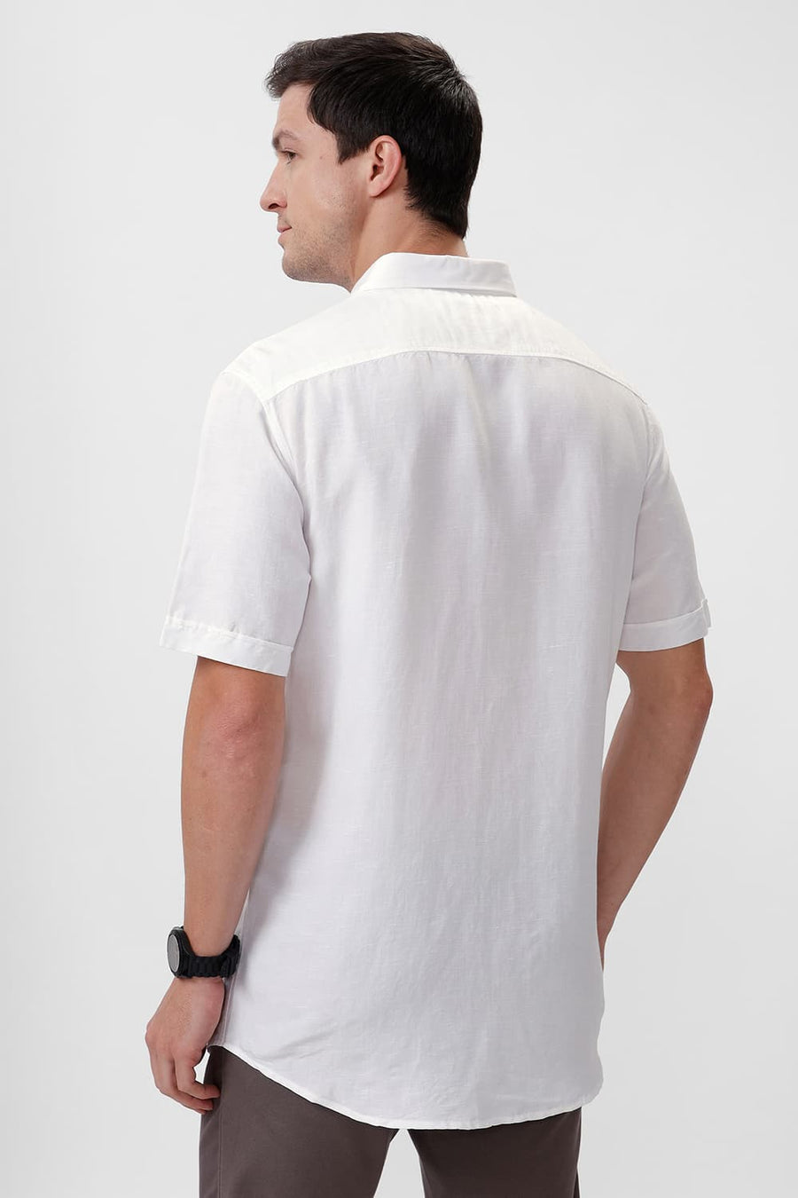 BASICS SLIM FIT BRILLIANT WHITE VISCOSE LINEN HALFSLEEVES SHIRT