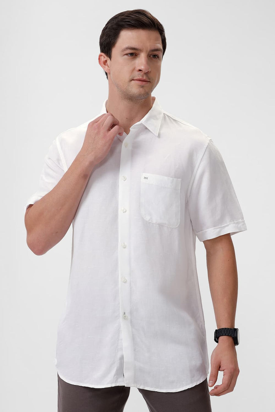 BASICS SLIM FIT BRILLIANT WHITE VISCOSE LINEN HALFSLEEVES SHIRT