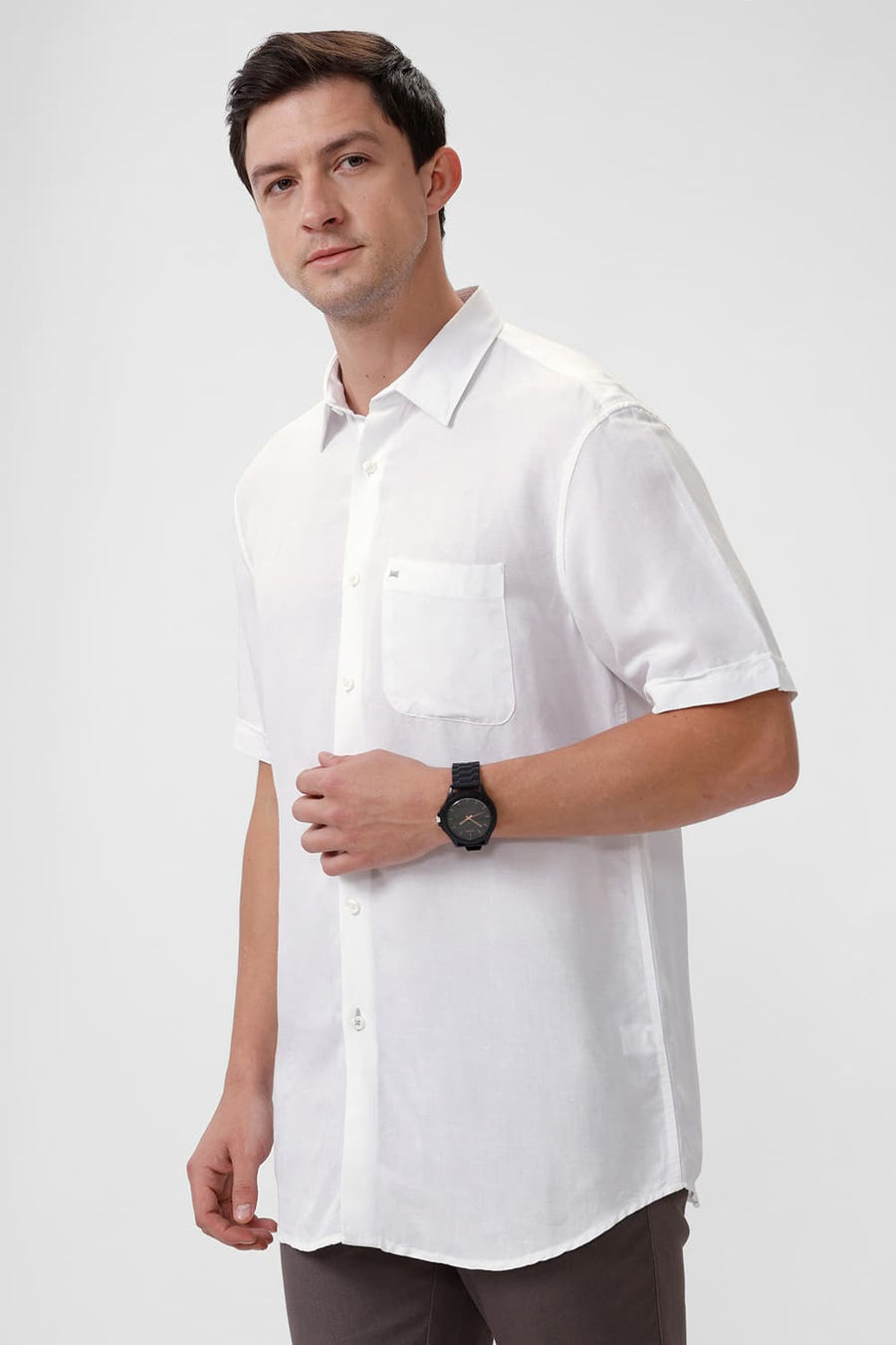 BASICS SLIM FIT BRILLIANT WHITE VISCOSE LINEN HALFSLEEVES SHIRT