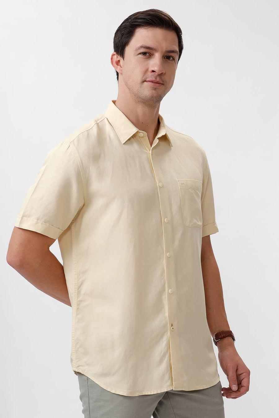 BASICS SLIM FIT ANISE FLOWER VISCOSE LINEN HALFSLEEVES SHIRT