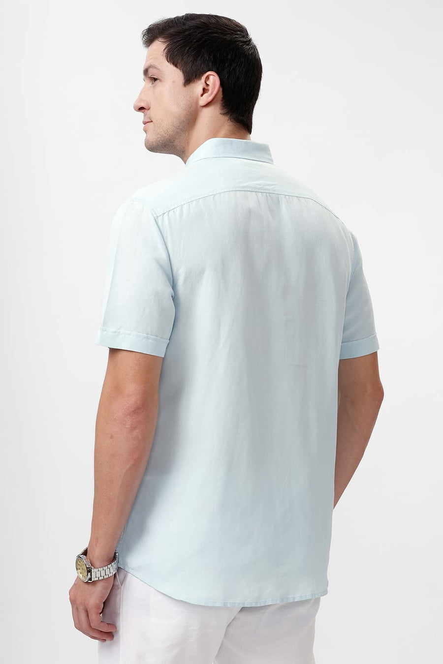 BASICS SLIM FIT STARLIGHT BLUE VISCOSE LINEN HALFSLEEVES SHIRT