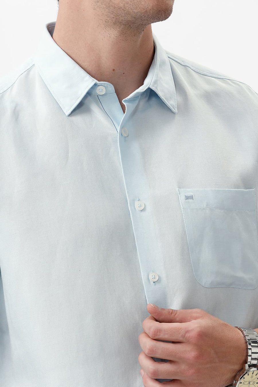 BASICS SLIM FIT STARLIGHT BLUE VISCOSE LINEN HALFSLEEVES SHIRT