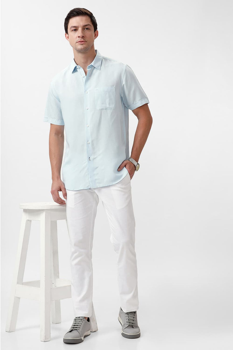 BASICS SLIM FIT STARLIGHT BLUE VISCOSE LINEN HALFSLEEVES SHIRT