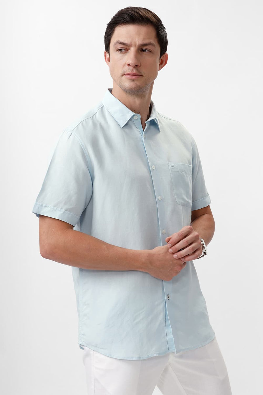BASICS SLIM FIT STARLIGHT BLUE VISCOSE LINEN HALFSLEEVES SHIRT