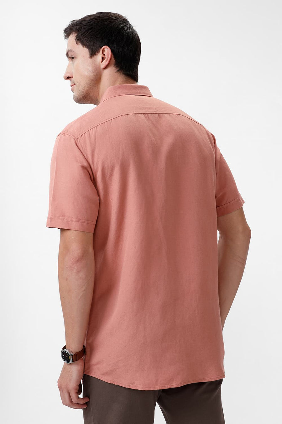 BASICS SLIM FIT CLAY PEACH VISCOSE LINEN HALFSLEEVES SHIRT