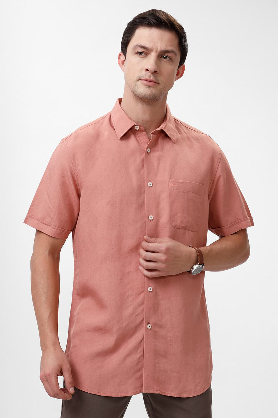 BASICS SLIM FIT CLAY PEACH VISCOSE LINEN HALFSLEEVES SHIRT