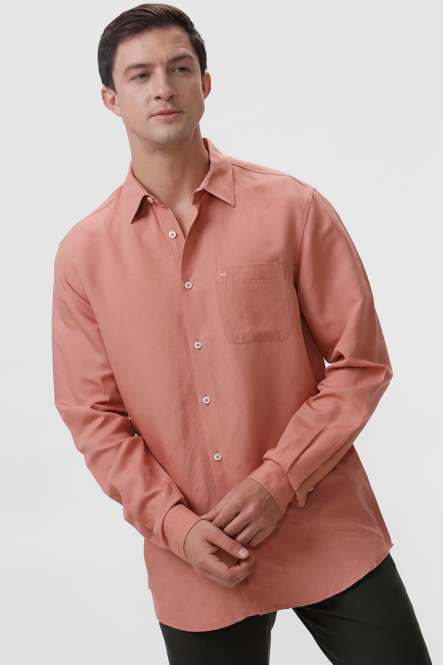 BASICS SLIM FIT CLAY PEACH VISCOSE LINEN SHIRT