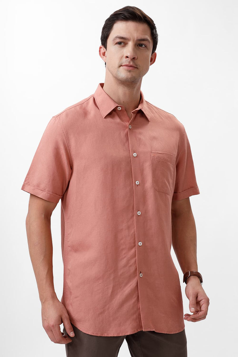 BASICS SLIM FIT CLAY PEACH VISCOSE LINEN HALFSLEEVES SHIRT