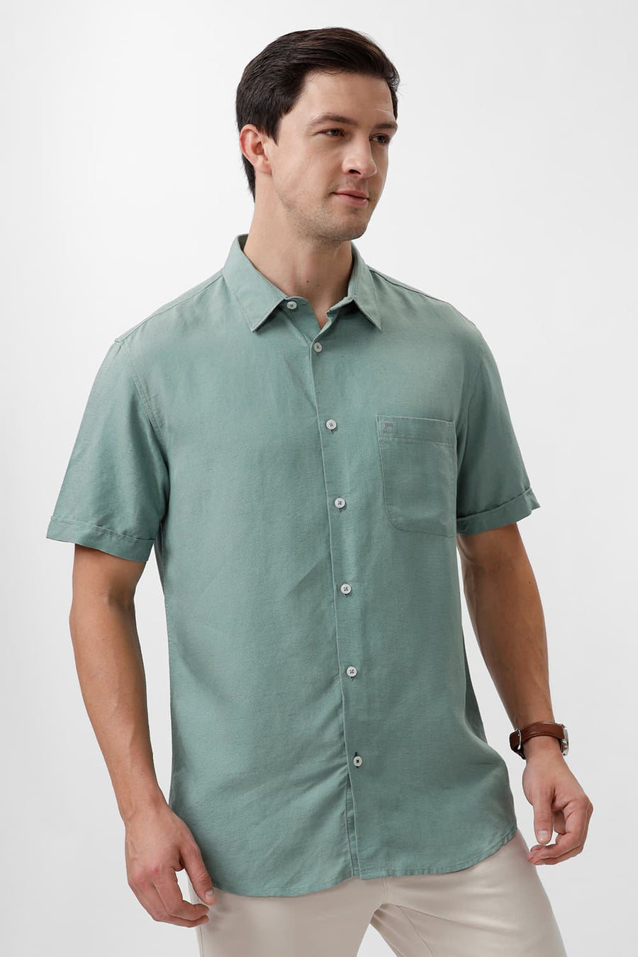 BASICS SLIM FIT GREEN BAY VISCOSE LINEN HALFSLEEVES SHIRT