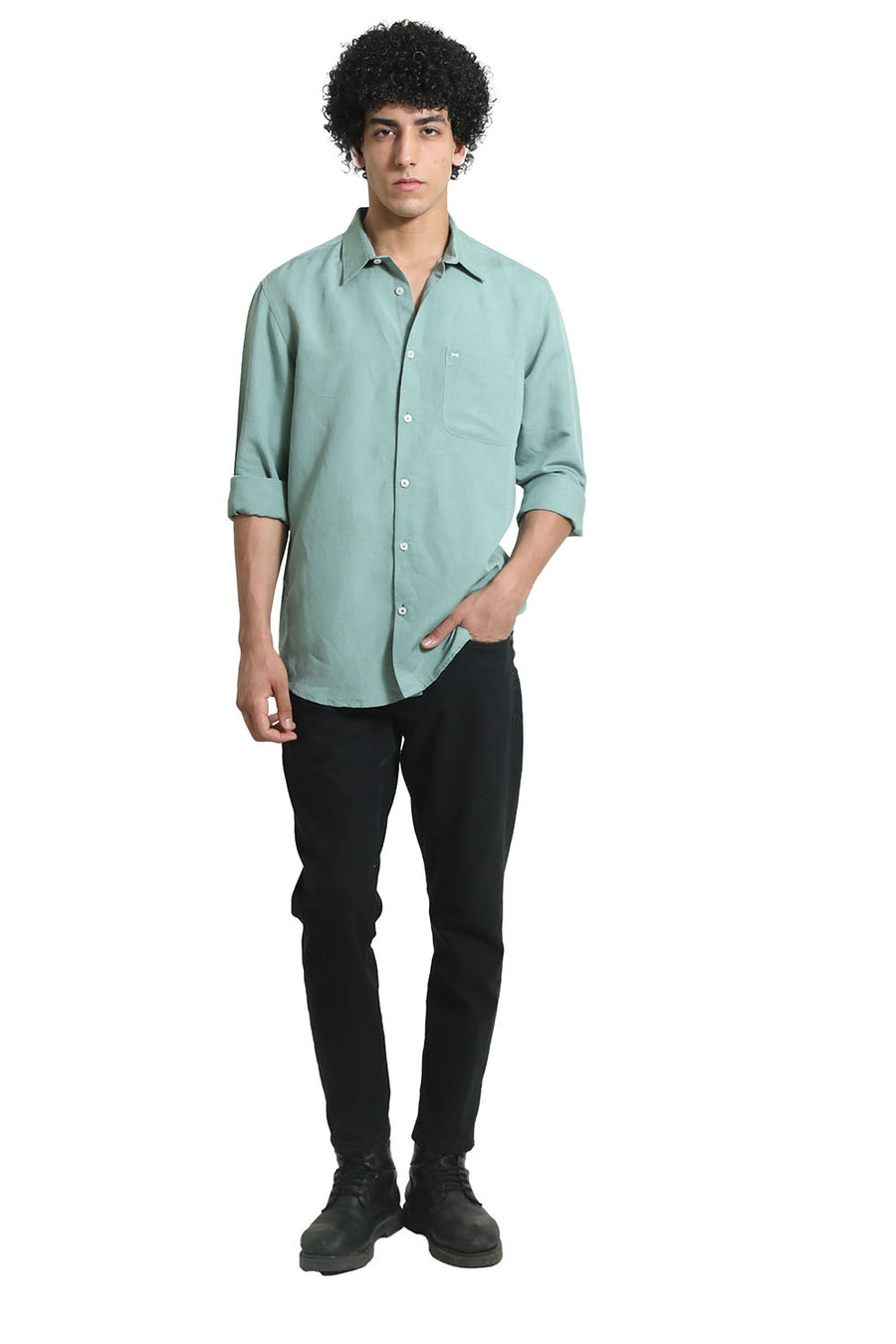 BASICS SLIM FIT GREEN BAY VISCOSE LINEN SHIRT
