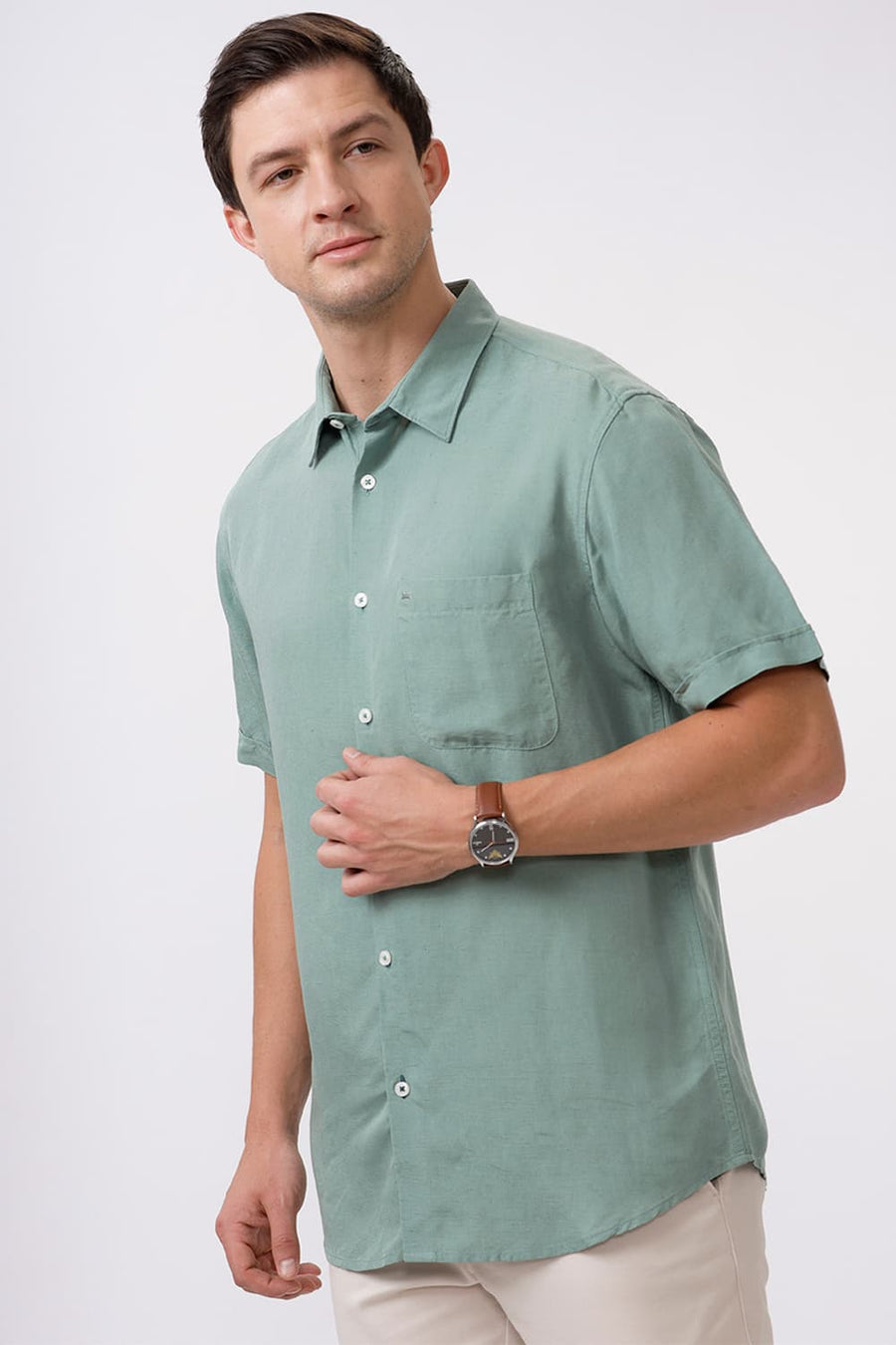 BASICS SLIM FIT GREEN BAY VISCOSE LINEN HALFSLEEVES SHIRT