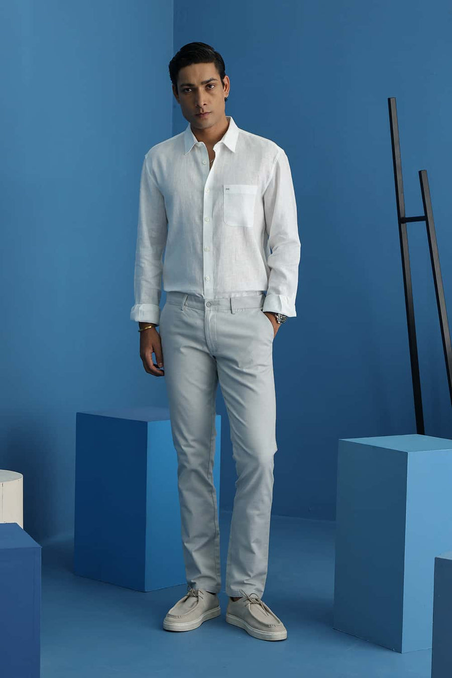Basics Slim Fit Cloud White Linen Cotton Shirt