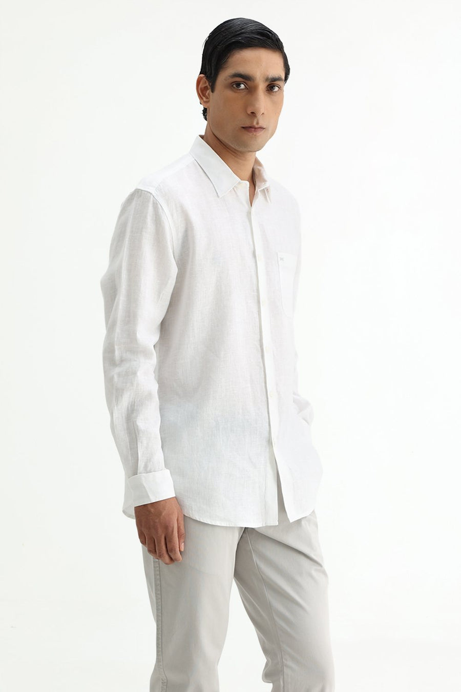 BASICS SLIM FIT CLOUD WHITE LINEN COTTON SHIRT