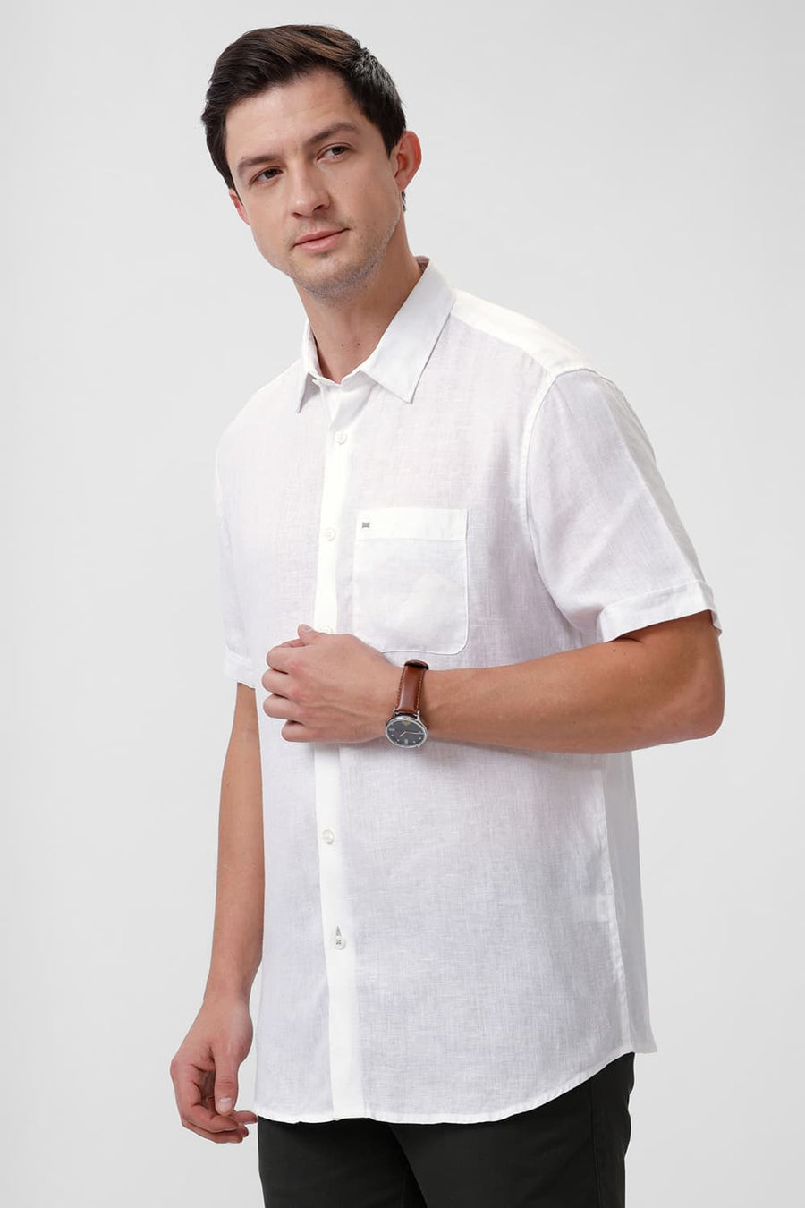 BASICS SLIM FIT CLOUD WHITE LINEN COTTON HALFSLEEVES SHIRT