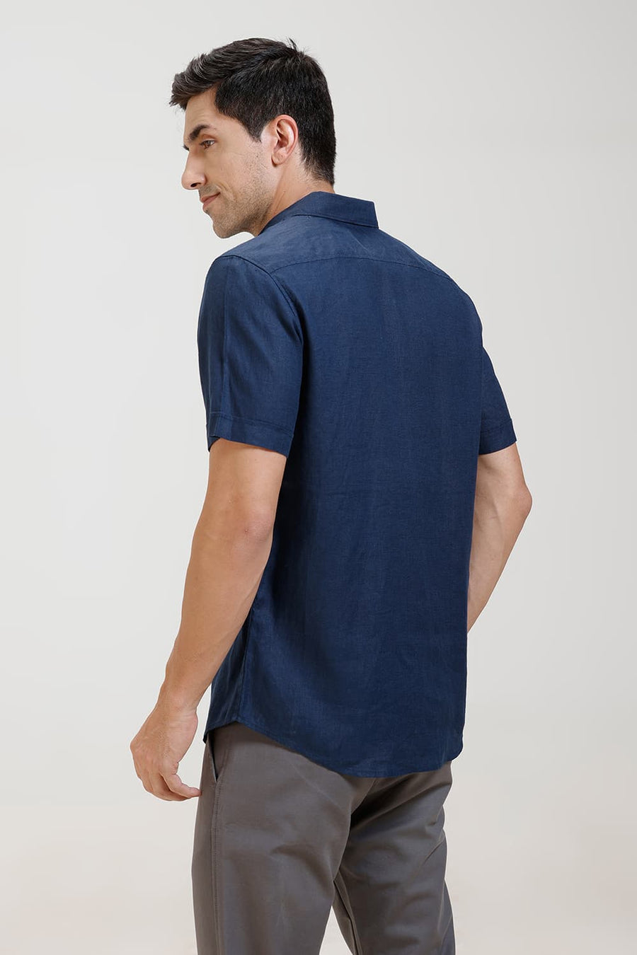 BASICS SLIM FIT INSIGNIA NAVY LINEN COTTON HALFSLEEVES SHIRT