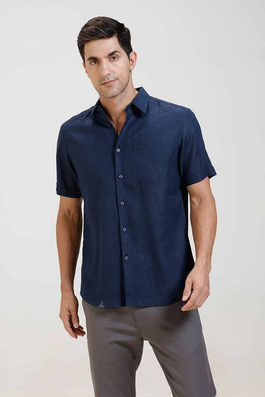 BASICS SLIM FIT INSIGNIA NAVY LINEN COTTON HALFSLEEVES SHIRT