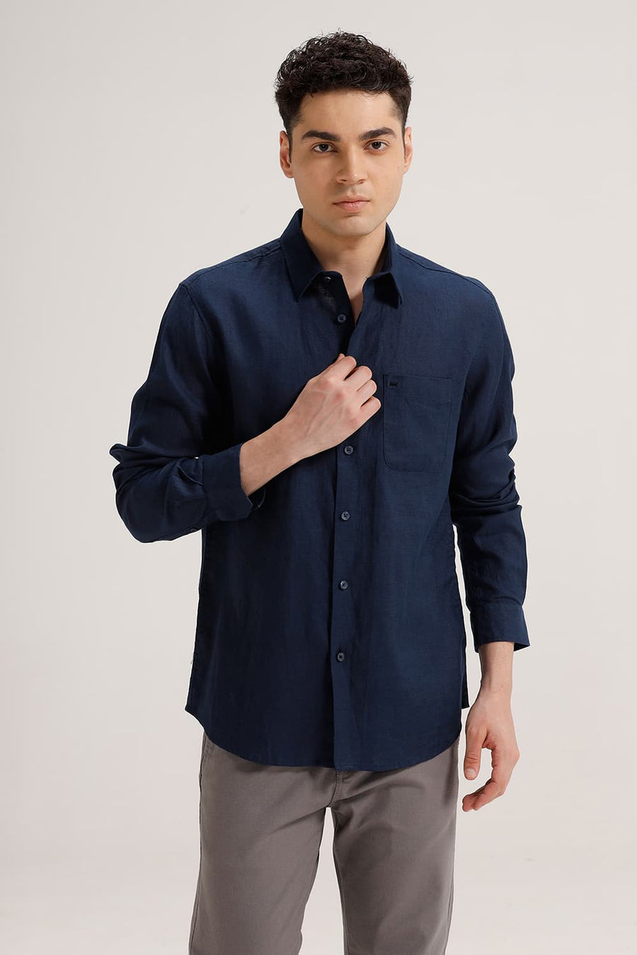 BASICS SLIM FIT INSIGNIA NAVY LINEN COTTON SHIRT