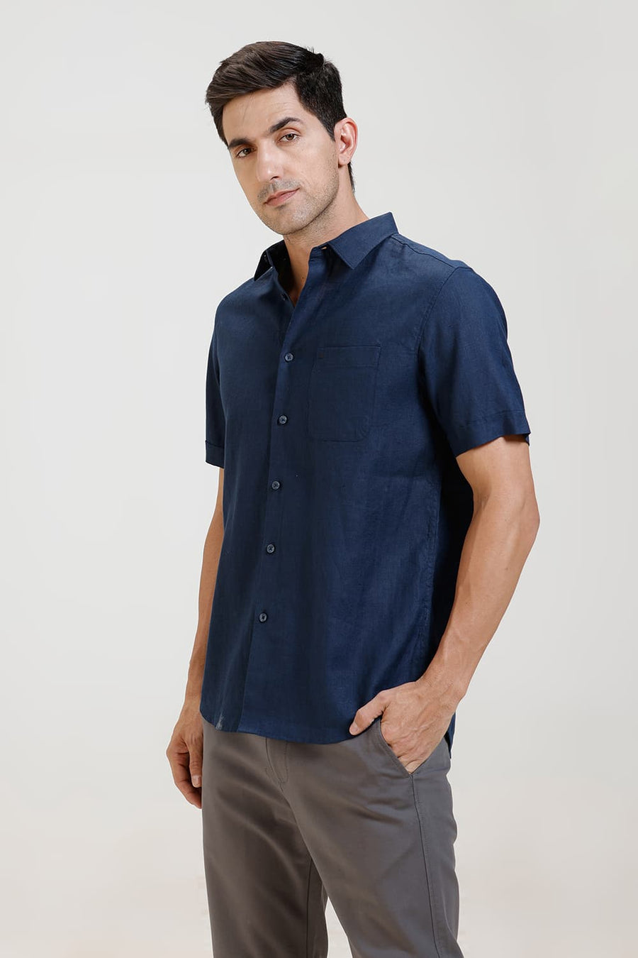 BASICS SLIM FIT INSIGNIA NAVY LINEN COTTON HALFSLEEVES SHIRT