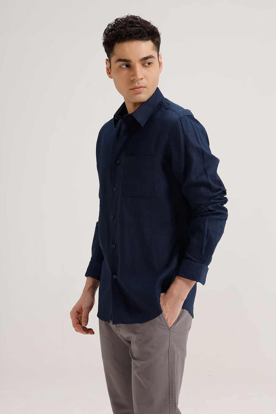 BASICS SLIM FIT INSIGNIA NAVY LINEN COTTON SHIRT