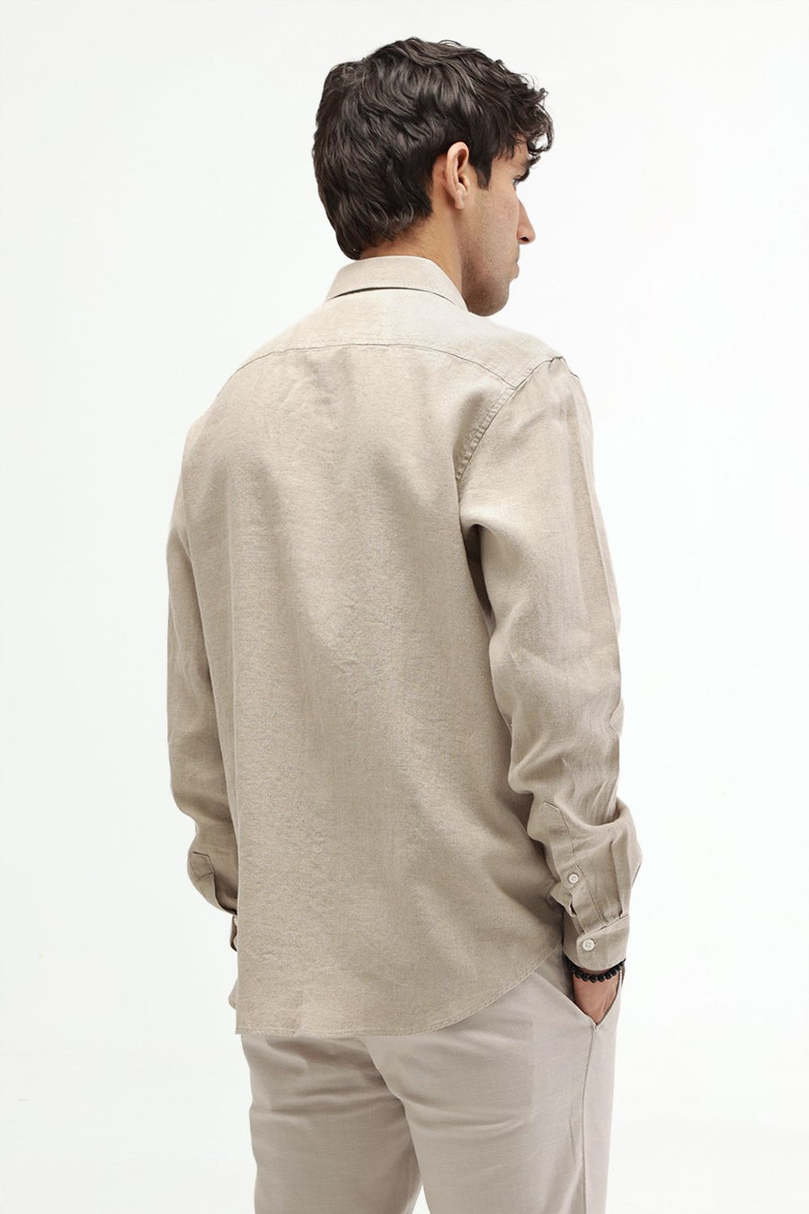 BASICS SLIM FIT NATURAL SAND LINEN COTTON SHIRT